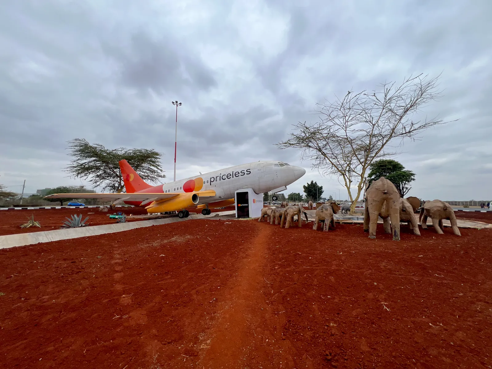 The aircraft monument and elephant sculptures beside the newly shaped beds