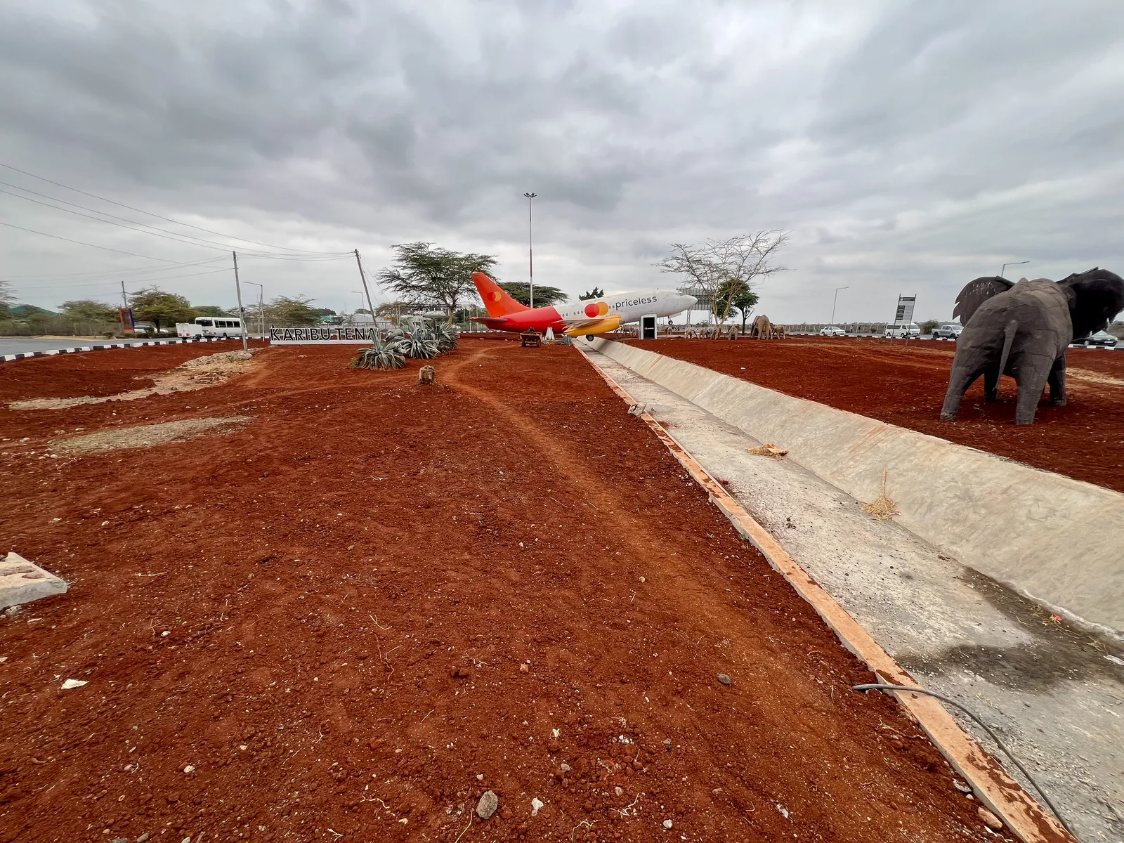 A concrete drainage channel running between the prepared beds